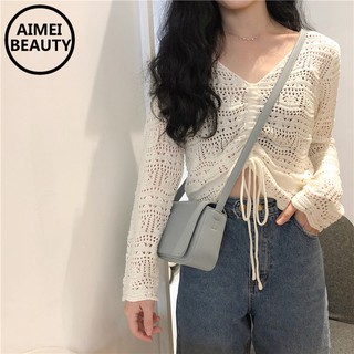 Áo Croptop Dệt Kim Tay Dài Cổ Chữ V Phong Cách Hàn Quốc