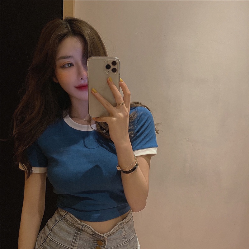 Áo croptop thun WANG JIAO ZHAN ngắn tay màu trơn thời trang Hàn Quốc