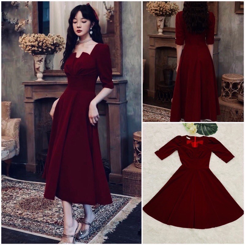 VÁY NHUNG ĐỎ ĐÔ DÁNG XOÈ DÀI 106cm TIỂU THƯ ( video quay- ảnh thật trải thảm) | BigBuy360 - bigbuy360.vn