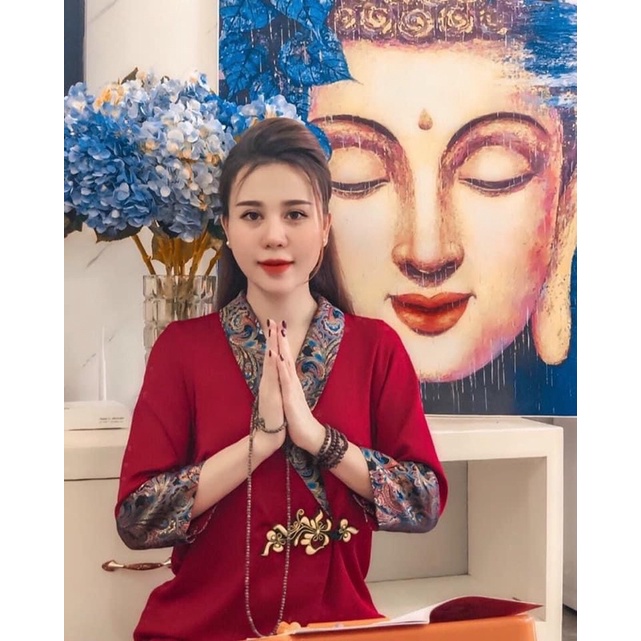 Mẫu Đồ Lam đi chùa nữ, đồ bộ pháp phục đỏ viền hoa văn sang trọng,đủ size