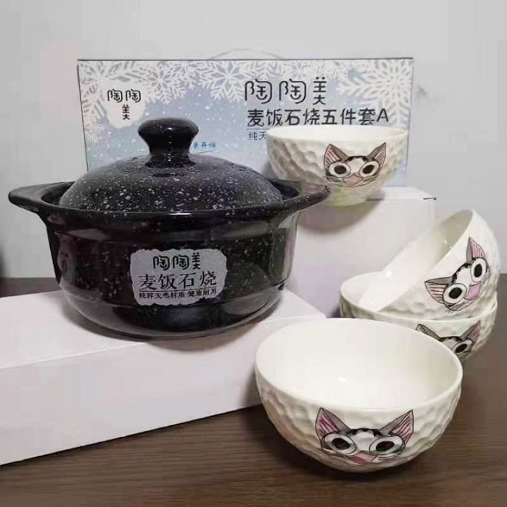 01 Bộ Nồi Sứ Vân Đá Sâu Cao Cấp ( Gồm 1 nồi và 4 bát) Hàng Chất Lượng