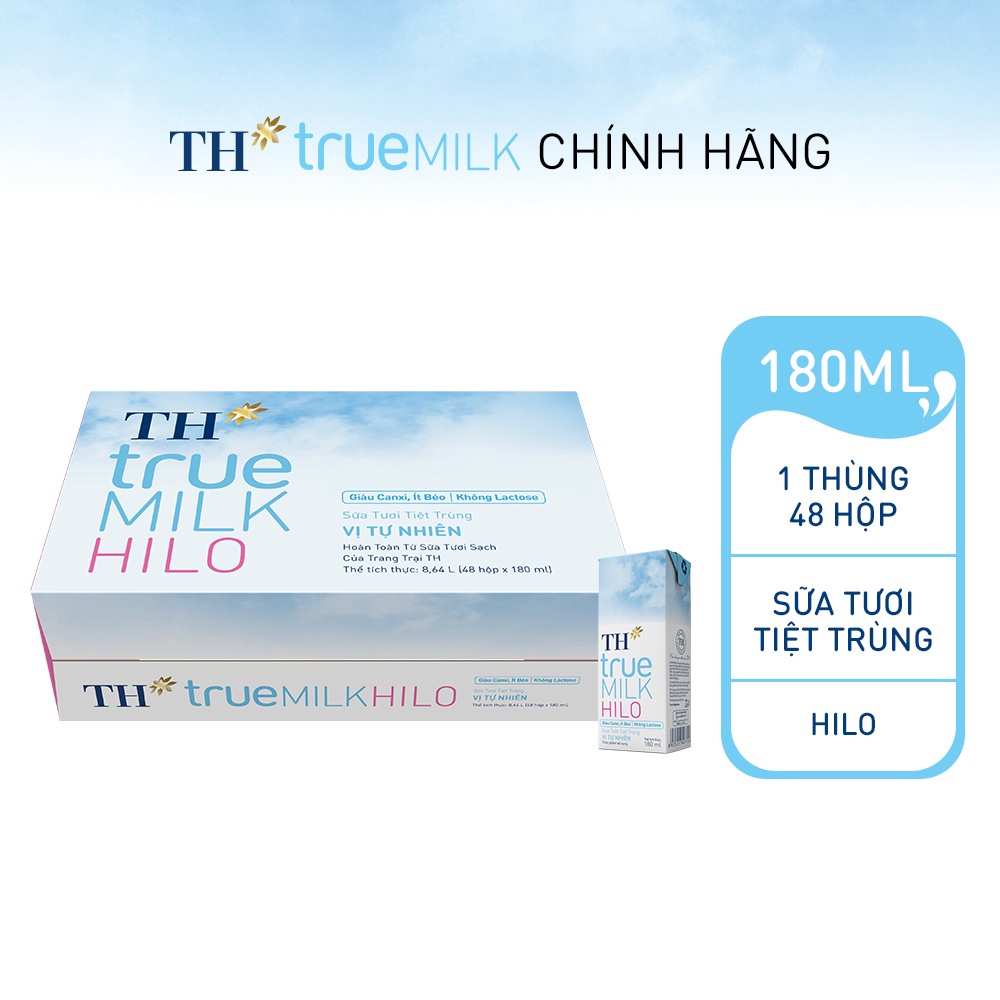 Thùng 48 hộp sữa tươi tiệt trùng TH True Milk HILO 180ml (180ml x 48)