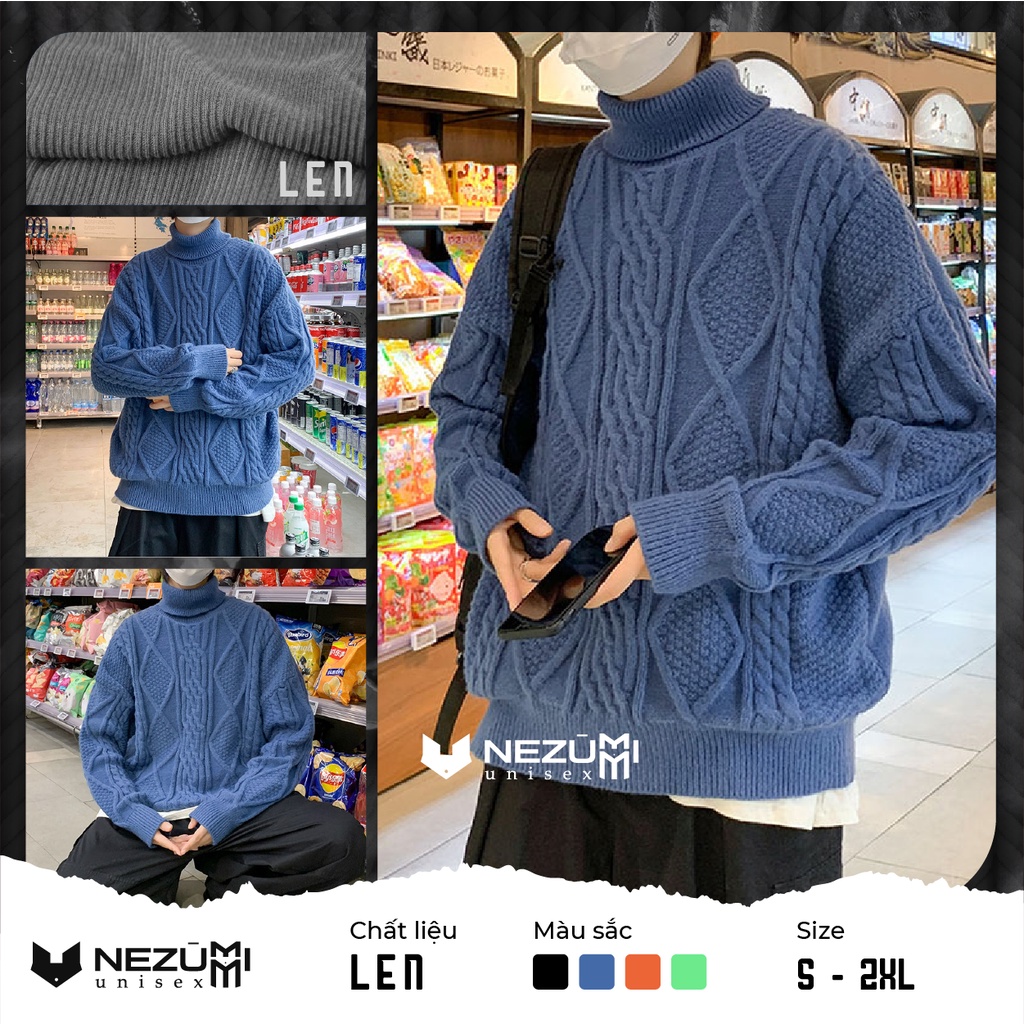 Áo len cổ lọ dài tay vặn thừng unisex nam nữ hip hop đường phố (đen, cam, xanh biển, rêu)