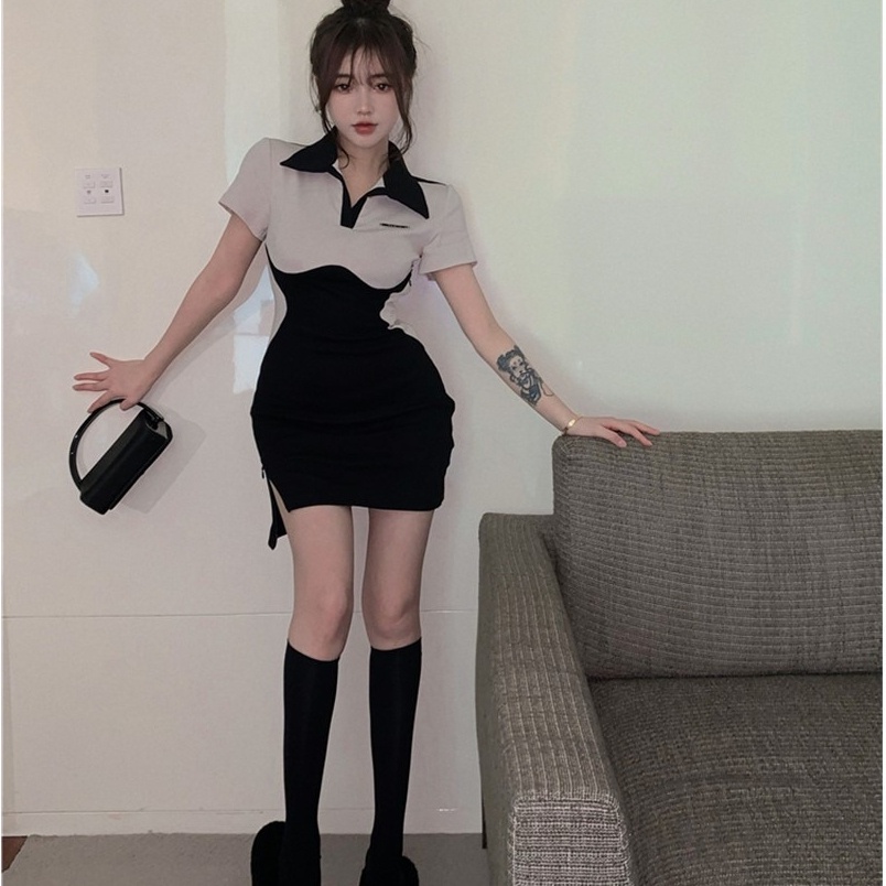 Đầm Ngắn Cổ Polo Màu Sắc Tương Phản Phong Cách Hàn Quốc Thời Trang Cho Nữ