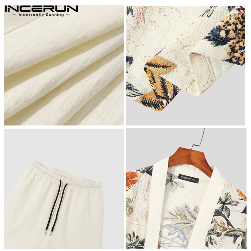 Áo cardigan INCERUN vải cotton dài tay dáng rộng+quần ngắn in họa tiết cổ điển dành cho nam