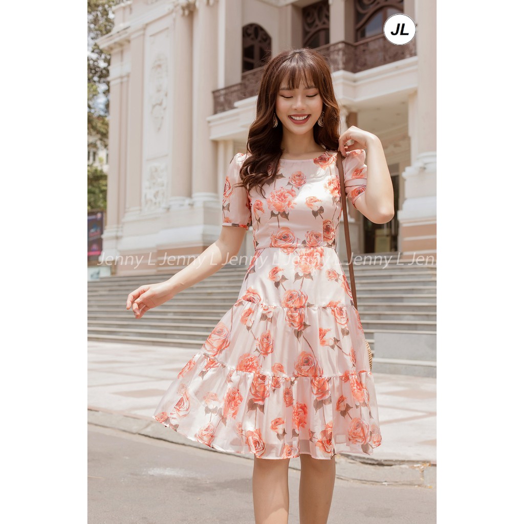 Jenny Le - Đầm tơ hoa tay ngắn tùng nhíu tầng (Lily Dress) JL060