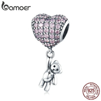 Bamoer Gấu Bóng Bạc 925 Trái Tim Charm Zircon Hạt Cho Vòng Tay Vòng Cổ