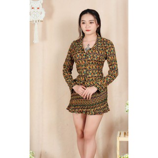 S54572 Set voan áo sơ mi và chân váy dập ly