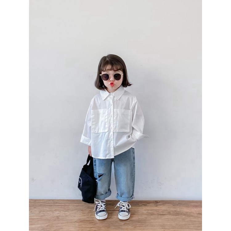 Áo sơ mi trắng dài tay cho bé trai bé gái phong cách Hàn Quốc dễ thương từ 11kg đến 28kg thời trang trẻ em Dream House