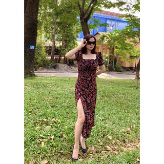 [Video Thật] Váy Đầm Dáng Dài Suông , Cổ Vuông Nhún , Tay Phồng , Xẻ Tà Lệch