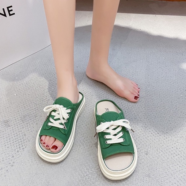 Sục Thể Thao Ulzzang Vintage, Giày Đạp Gót Caro Hở Mũi Chân Chất Liệu Vải Canvas Đế Độn 3cm, Hàn Quốc - Iclassy_shoes