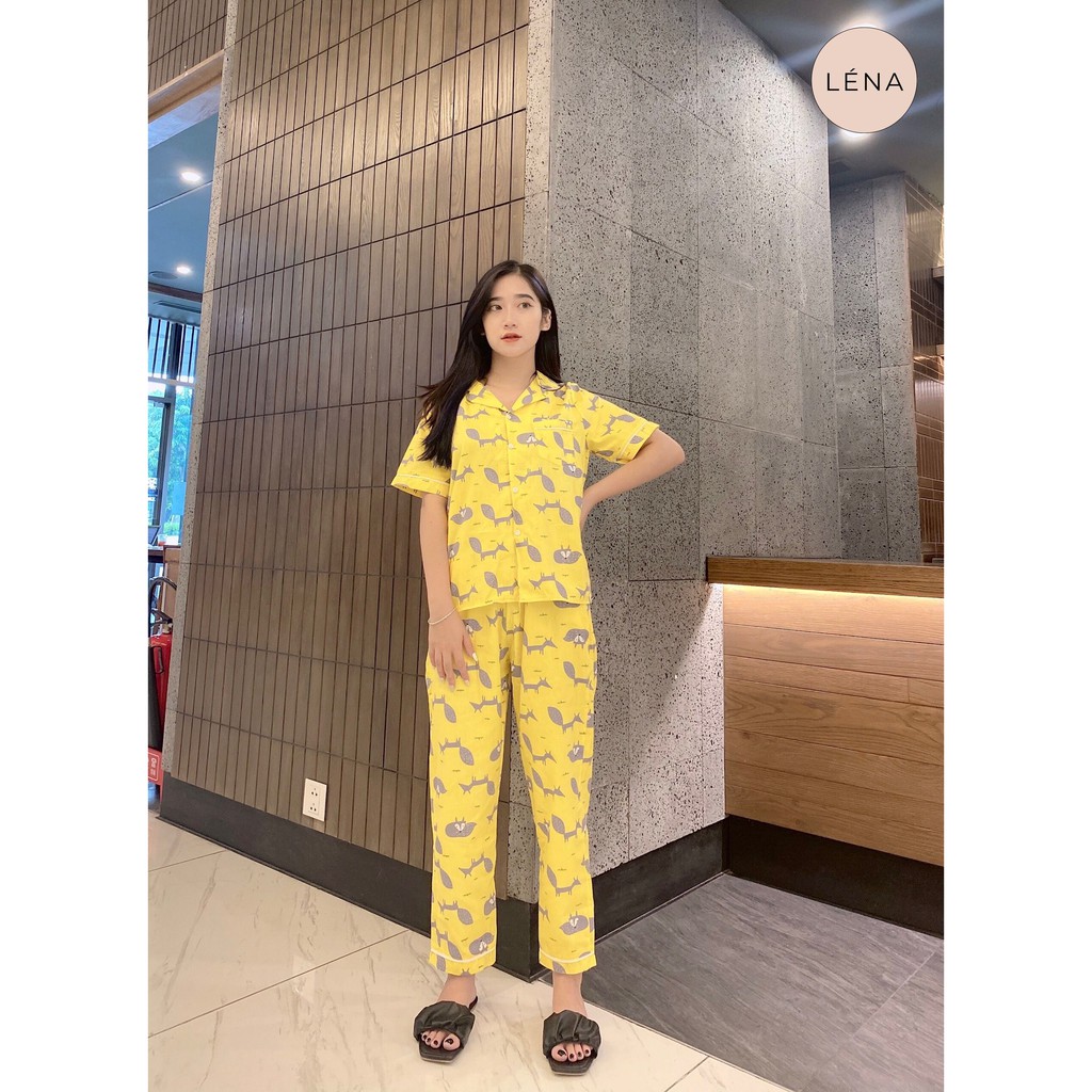 Bộ Pijama thô Hàn vàng sóc xám áo ngắn quần dài