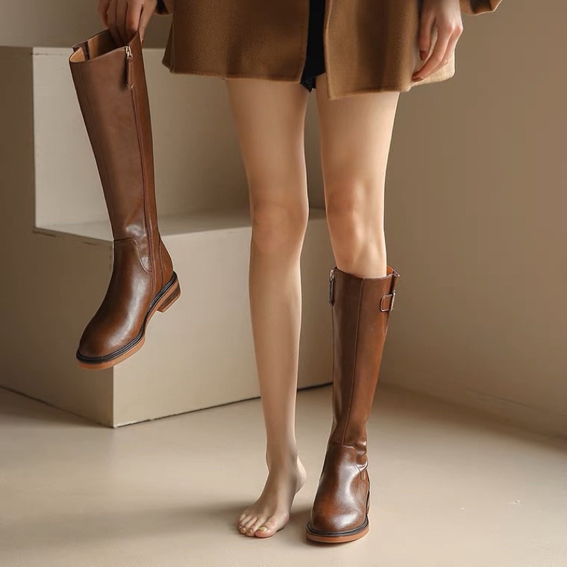 Giày boots bốt đùi cao cổ mũi tròn da PU mềm thanh lịch khoá kéo sau đế cao 3.5cm Yannie