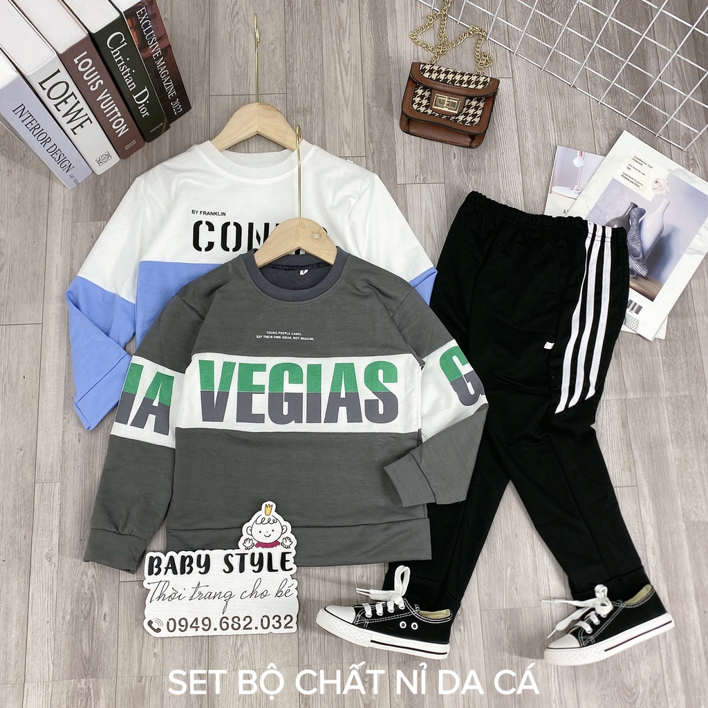 Bộ quần áo thu đông dài tay cho bé trai "VEGIAS!" 14-45kg. Thiết kế năng động, thoải mái. Vải nỉ da cá. STB44