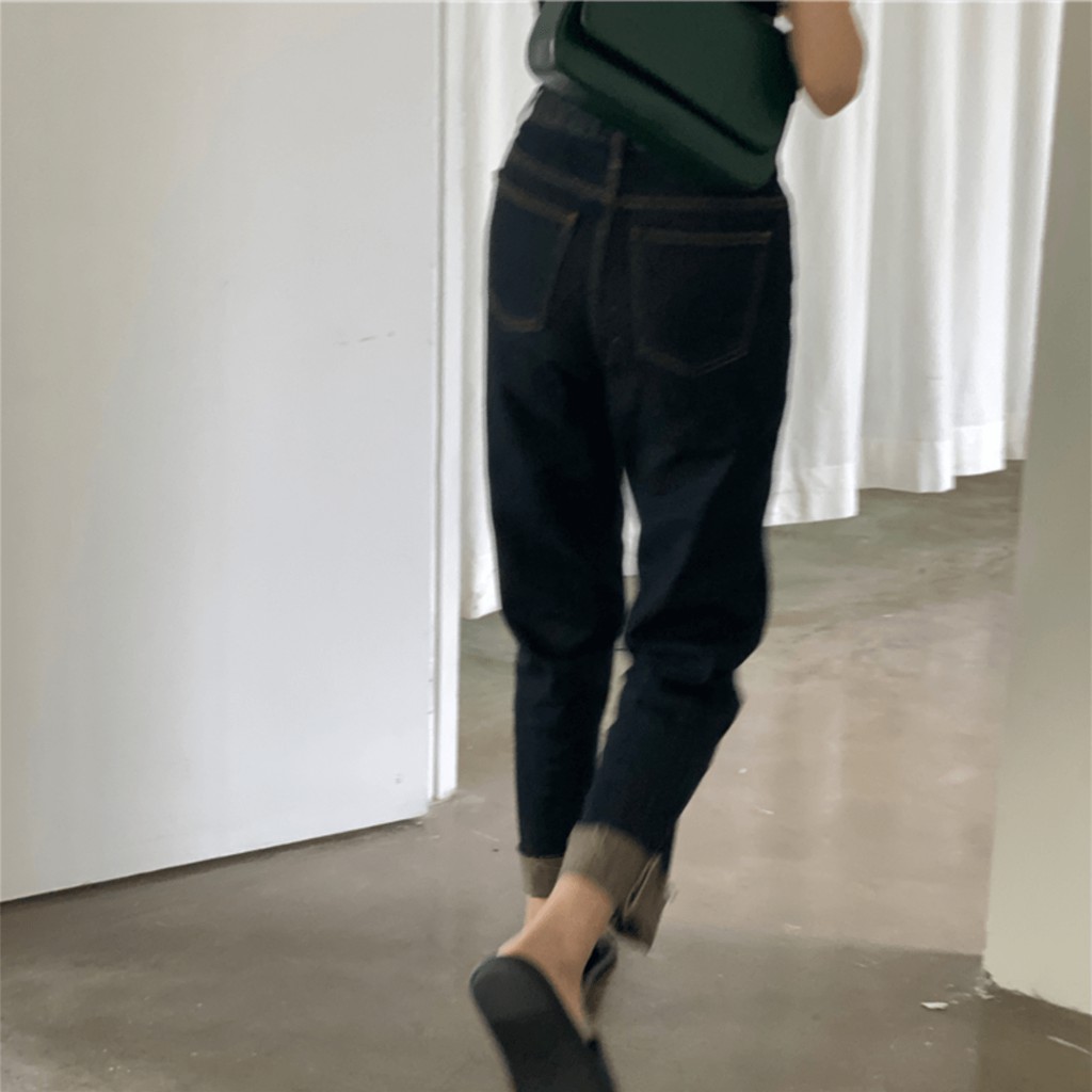 1600 | Quần Bò Jeans Suông Baggy Dáng Đứng Gập Rách Gấu Màu Đen Xám Xanh Thiết Kế Đơn Giản