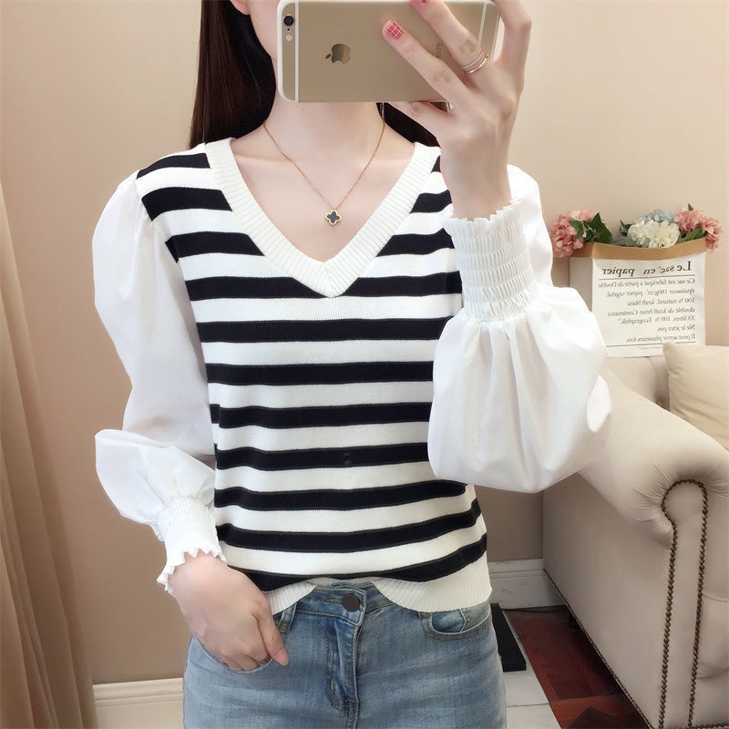 Áo len cổ chữ V dáng rộng họa tiết kẻ sọc thời trang mùa thu Hàn Quốc
