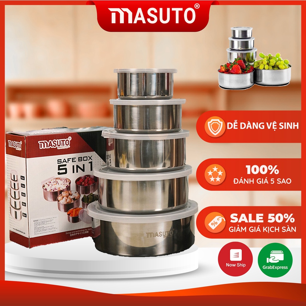 Bộ 5 Hộp Đựng Thực Phẩm Inox Masuto Công Nghệ Nhật Bản