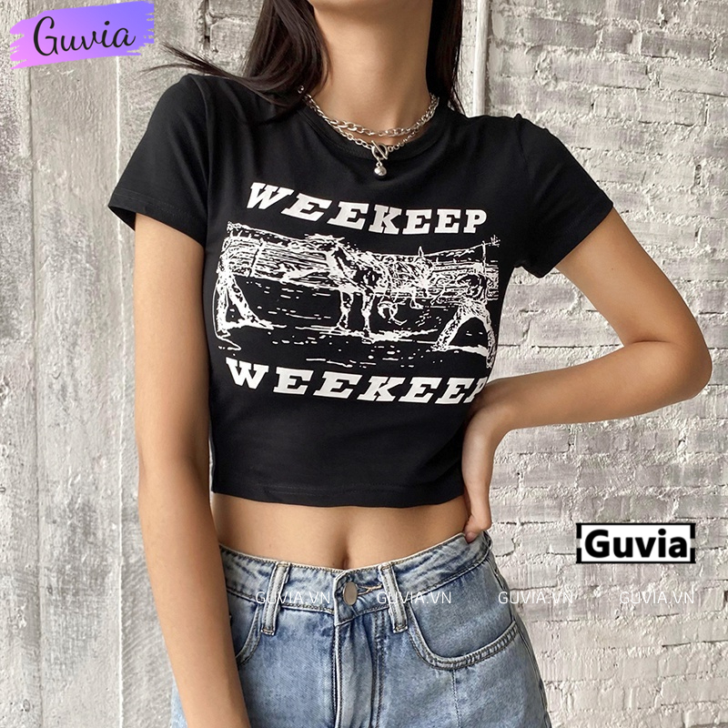 Áo Croptop Ôm Body Nữ WEEKEEP Cổ Tròn Tay Ngắn, Áo Thun Croptop Kiểu In Họa Tiết GUVIA CR91