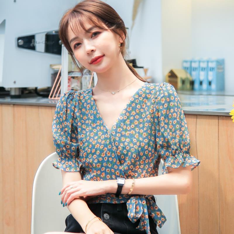 Áo Croptop Tay Phồng Ngắn In Họa Tiết Hoa Cúc Thời Trang Mùa Hè Kiểu Pháp