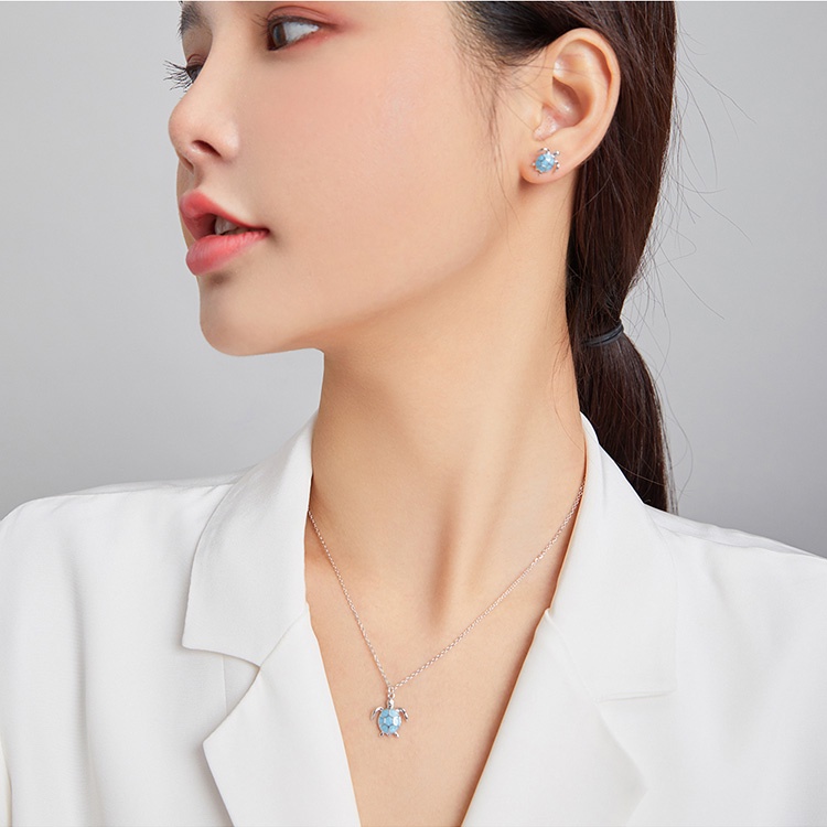 Trang sức BAMOER ZHS227 gồm vòng cổ/ khuyên tai bạc 925 kiểu rùa đính đá thời trang