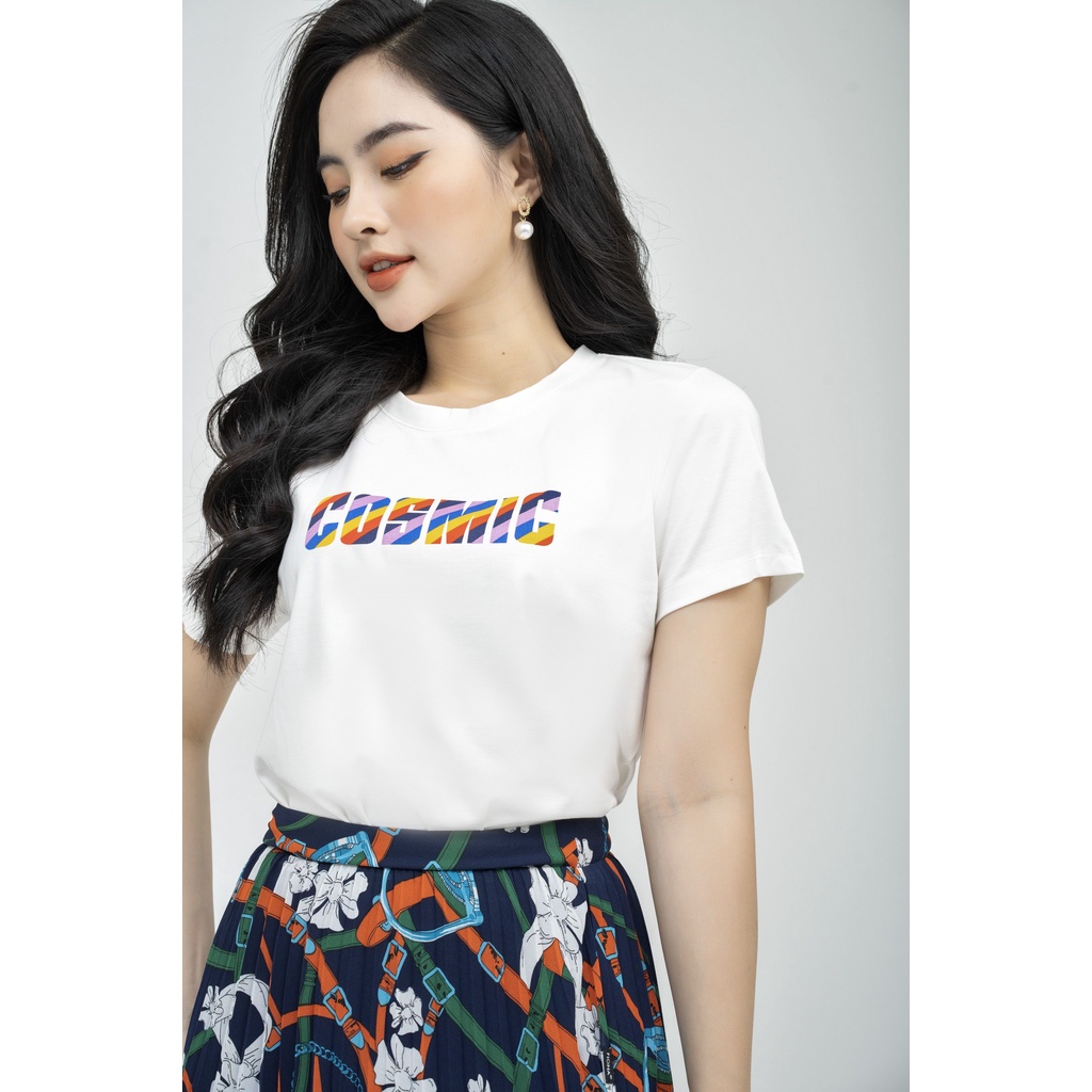 Áo cotton nữ dáng suông ngắn tay in chữ Fiona F522158