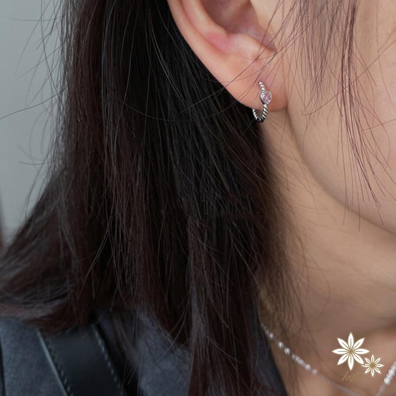 Đôi khuyên tai dạng vòng xoắn đính đá zircon màu hồng trái tim đơn giản thời trang dành cho bạn nữ