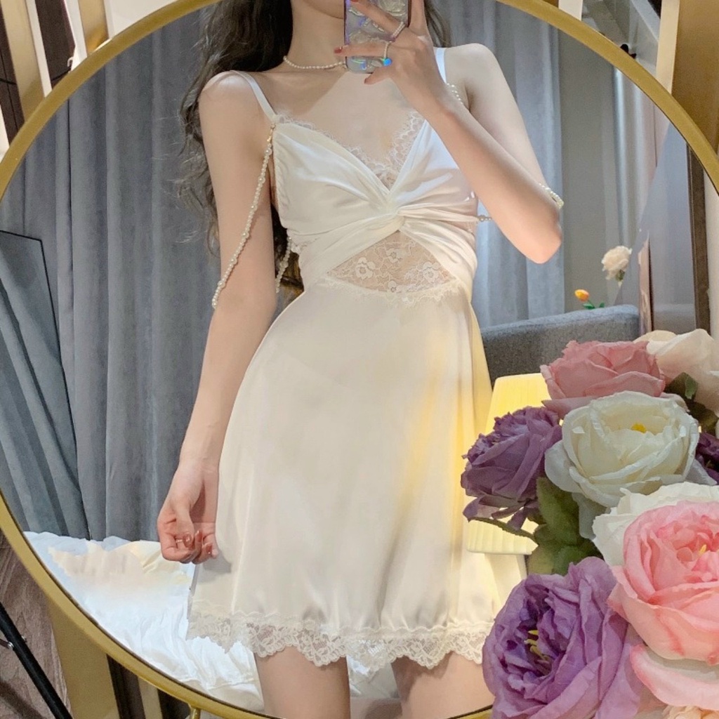 Váy ngủ 2 dây xoắn ngực lụa pha ren cao cấp Embra EBV18