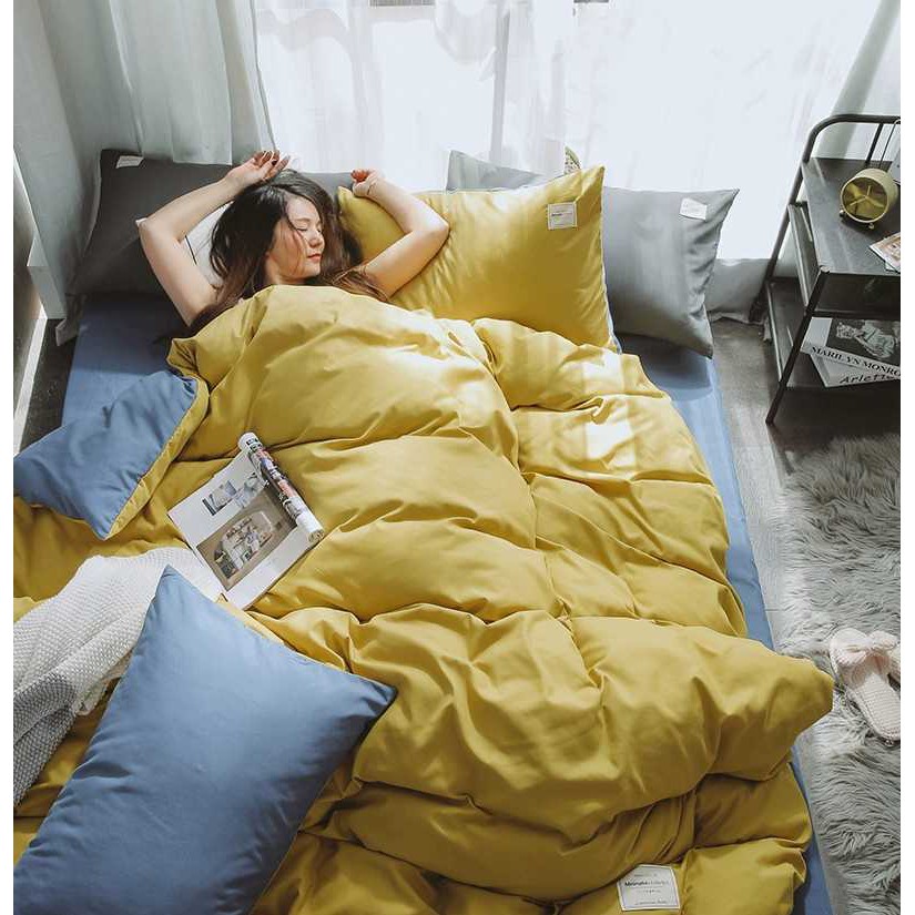 BỘ CHĂN GA GỐI COTTON TICI CAO CẤP ( CHĂN ĐÃ TRẦN BÔNG)  XANH DƯƠNG VÀNG - ĐỦ KÍCH THƯỚC