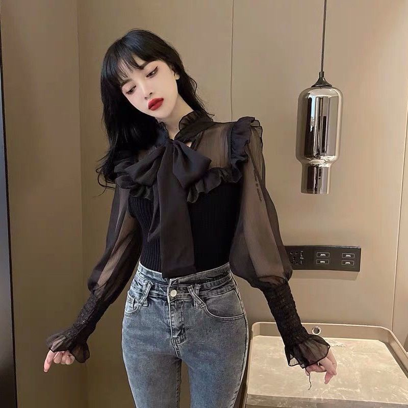 Áo Sơ Mi Mỏng Tay Dài Thắt Nơ Phong Cách Hàn Quốc Thời Trang Cho Nữ