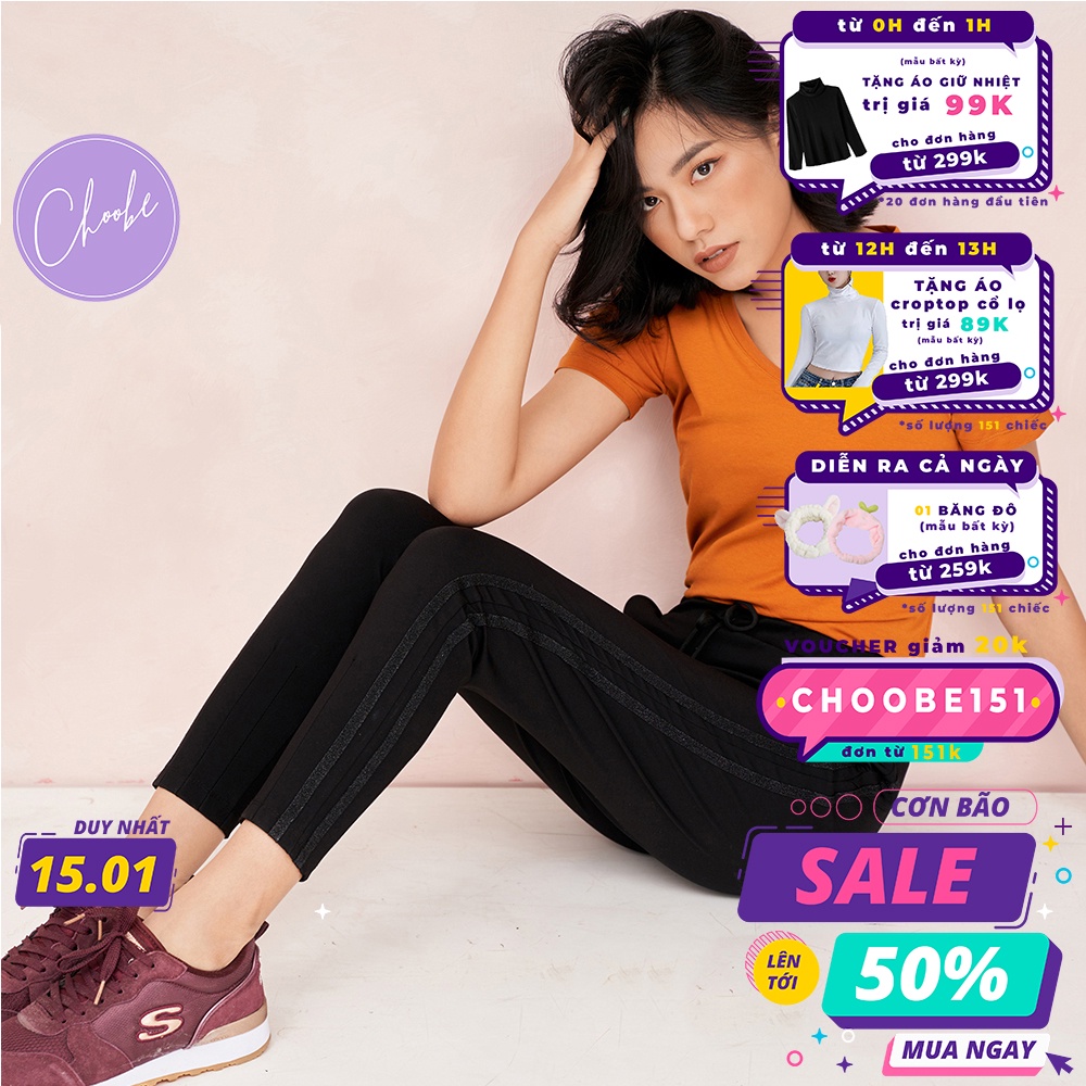Quần jogger nữ Choobe dáng dài thun cạp chun cá tính thể thao tập gym sọc kim tuyến Q18