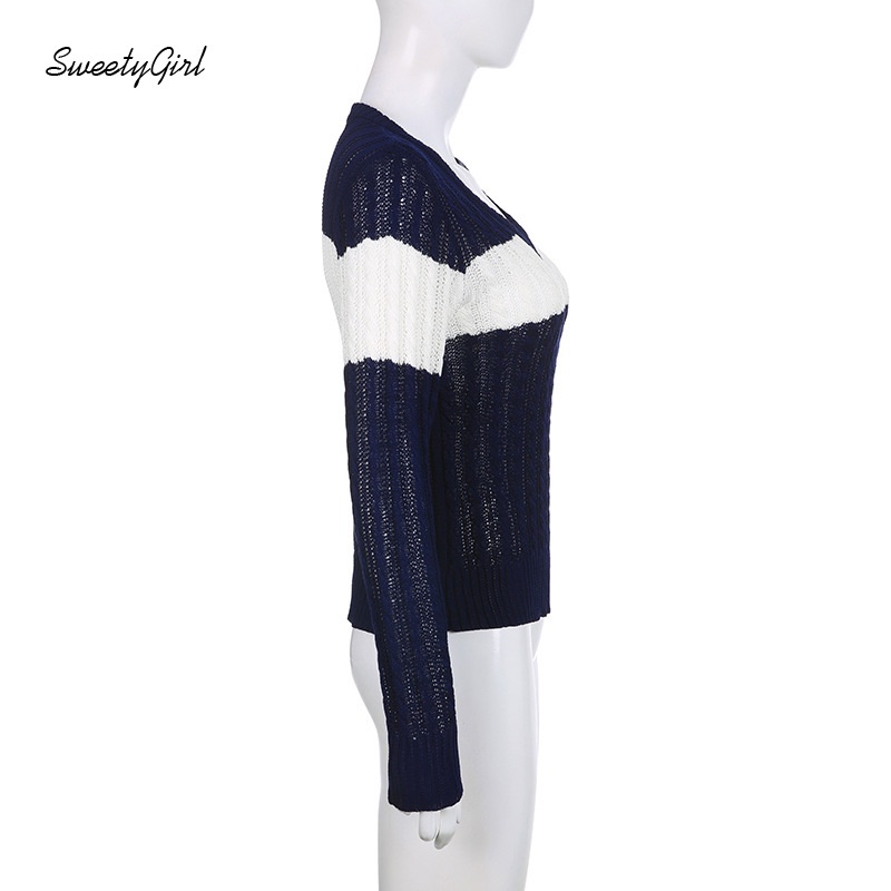 Áo Sweater Dệt Kim Cổ V Tay Dài Ôm Eo Phối Màu Tương Phản Thời Trang 2022 Cho Nữ