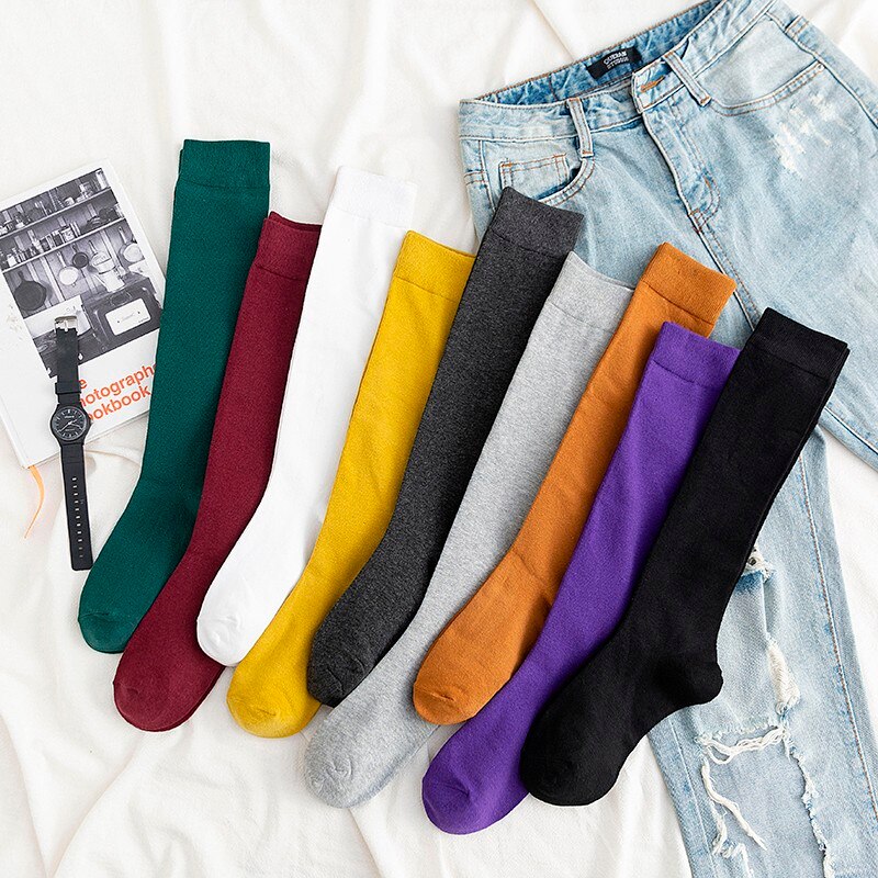 Vớ dài cao đến đầu gối vải cotton dệt kim giữ ấm chân trơn màu