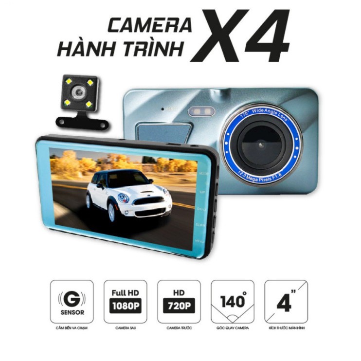 Camera hành trình trước sau A10 X4 màn cảm ứng 4inch full HD quay đêm nét dây cam sau dài đến 10 mét cho xe tải