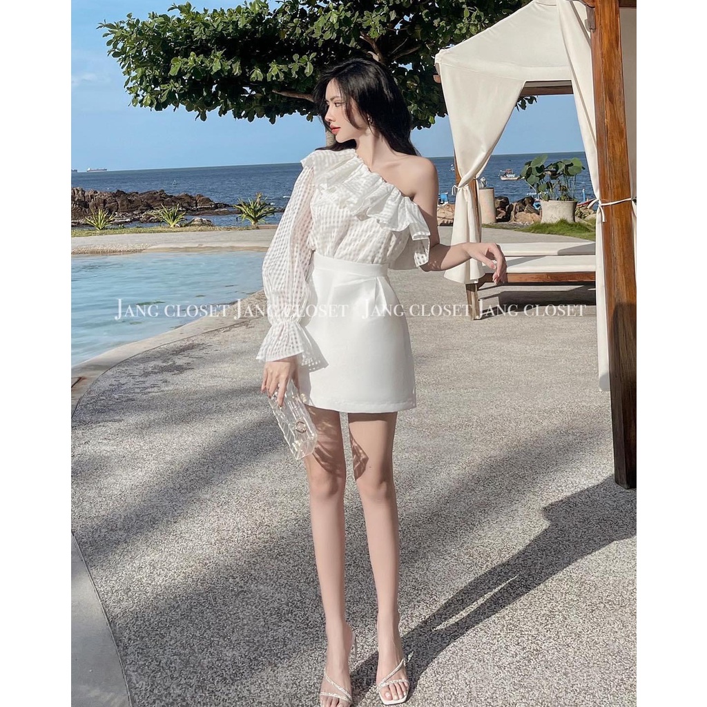 Set Váy Lệch Vai Ren Lưới Tay Phồng Tiểu Thư Kèm Chân Váy Chữ A Trẻ Trung Nữ Tính