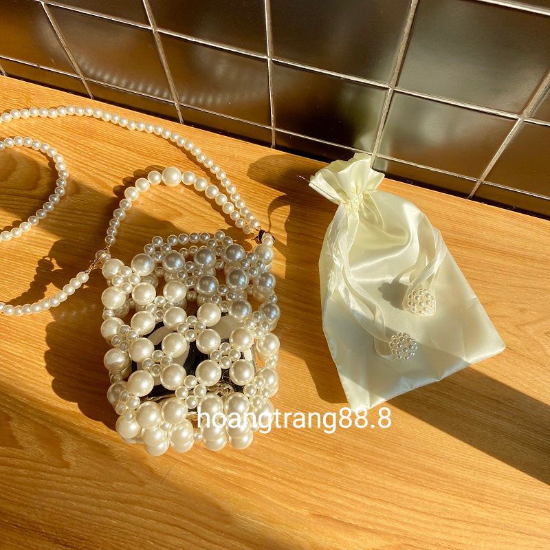 Túi xách tay kết hạt cườm giả ngọc trai handmade sang chảnh