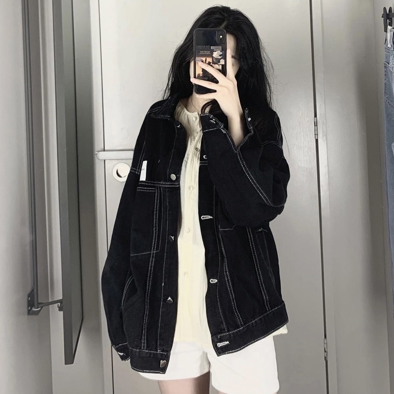 [Ảnh thật] ÁO KHOÁC JEANS ĐEN CÓ TAG