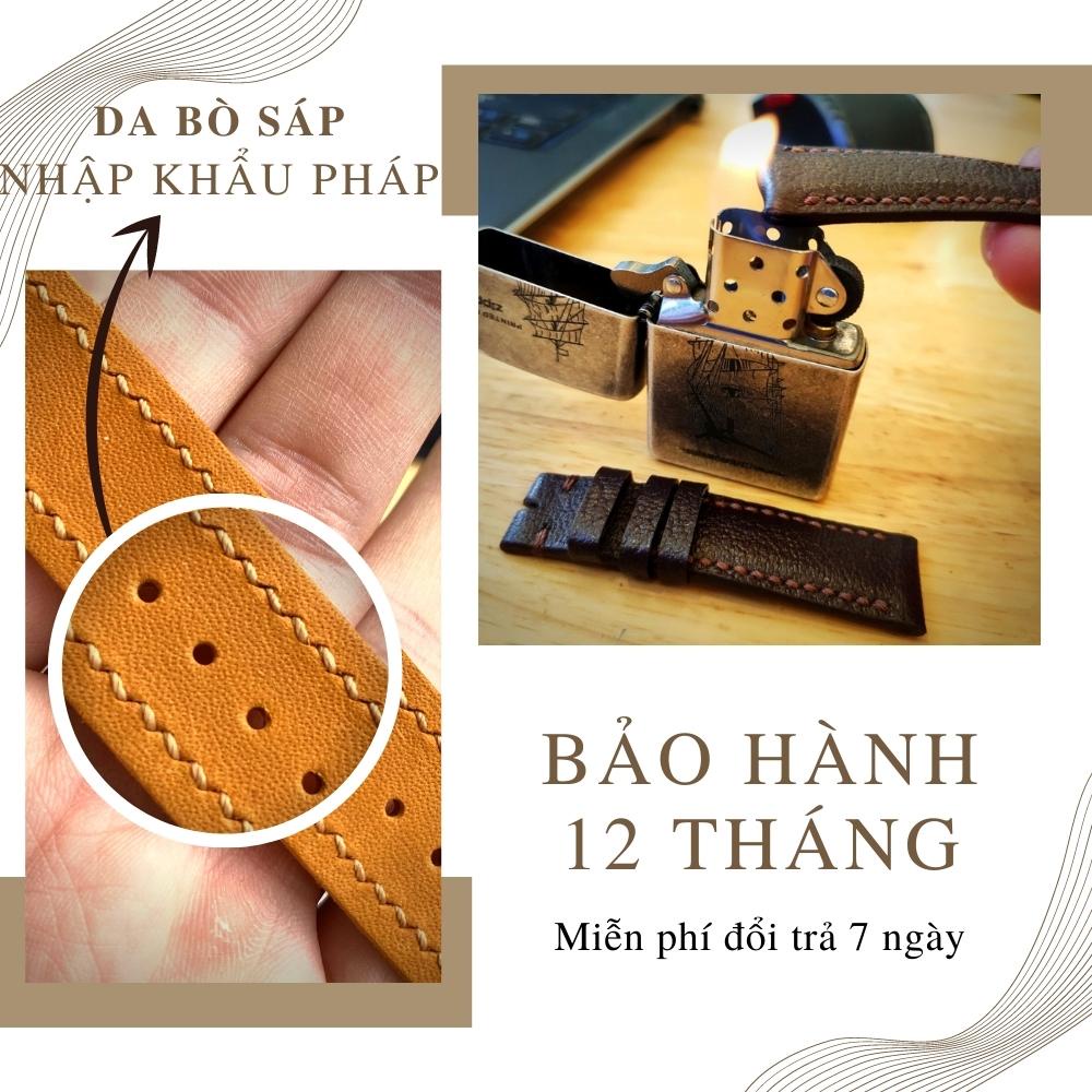 Dây đồng hồ da bò sáp 2 mặt, dây da đồng hồ cao cấp handmade khâu tay thủ công Tristar, size 18mm, 20mm, 22mm