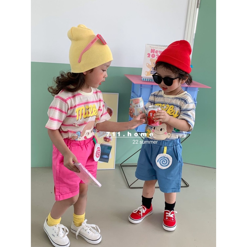 Set Đồ Mùa Hè 1 Món Gồm Áo Thun Kẻ Sọc In Họa Tiết Hoạt Hình + Quần Ngắn Phong Cách Hàn Quốc Cho Bé