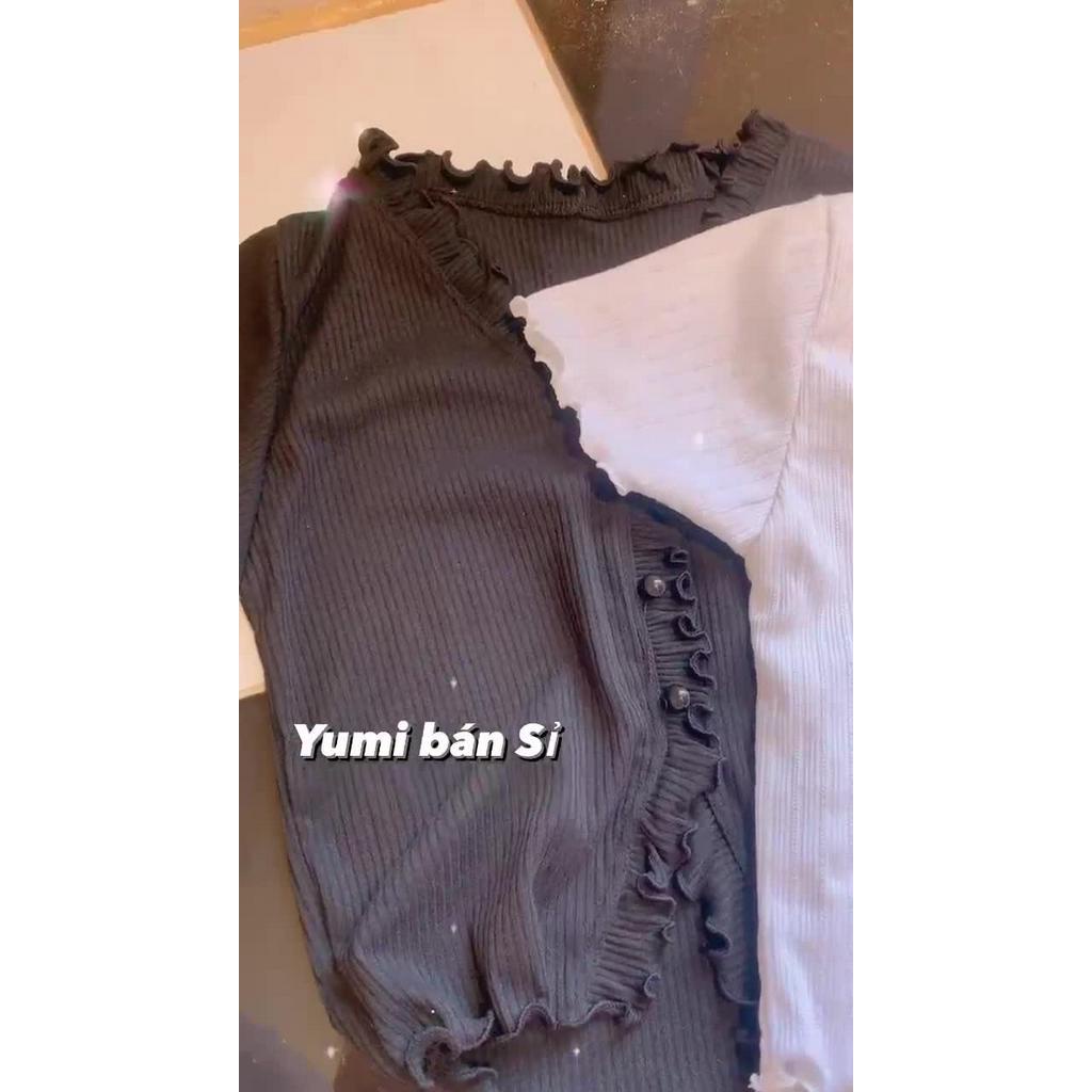 Áo Croptop Viền Bèo Cúc Bật (Ảnh thật) YUMI BÁN SỈ ⚡ Áo Croptop Tay Ngắn Bèo Thun Gân Co Giãn Cổ Chữ V | BigBuy360 - bigbuy360.vn