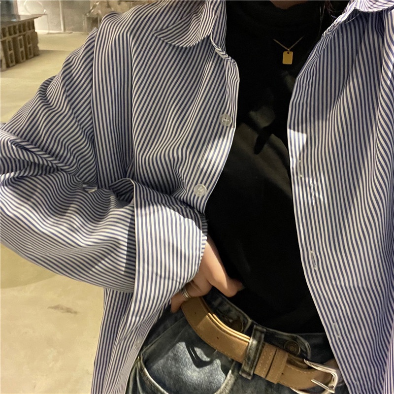 Áo sơ mi ZHELIHANGFEI tay dài dáng rộng họa tiết sọc phong cách cổ điển dễ phối đồ