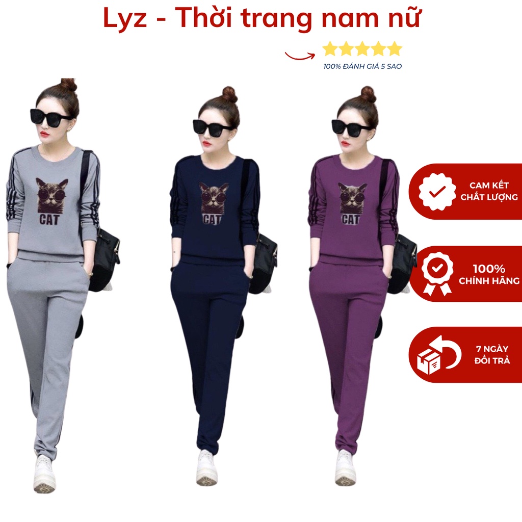 Set bộ đồ quần áo thun nữ thu đông dài tay thời trang hình mèo đủ size từ 43-70Kg chất dày dặn