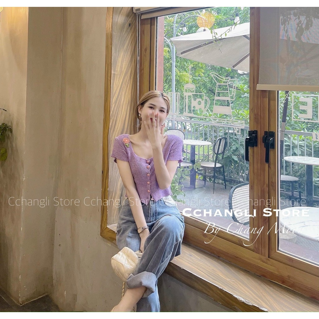 Áo len mỏng croptop khuy hoa hàng QC