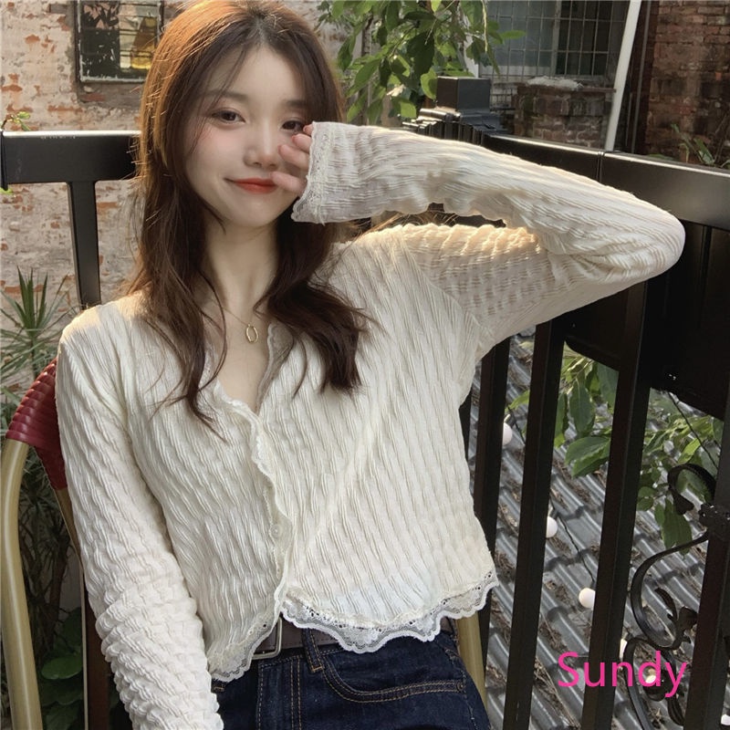 Áo Cardigan Cổ Chữ V Phối Ren Thời Trang Mùa Hè Hàn Quốc Cho Nữ