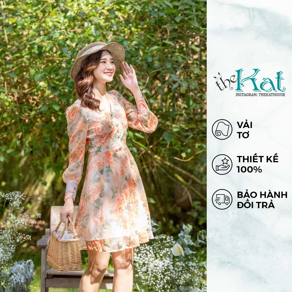 Đầm Hoa Cổ V The Kat House dáng tay dài 2 lớp xinh xắn, dễ thương, vải Voan thoáng mát