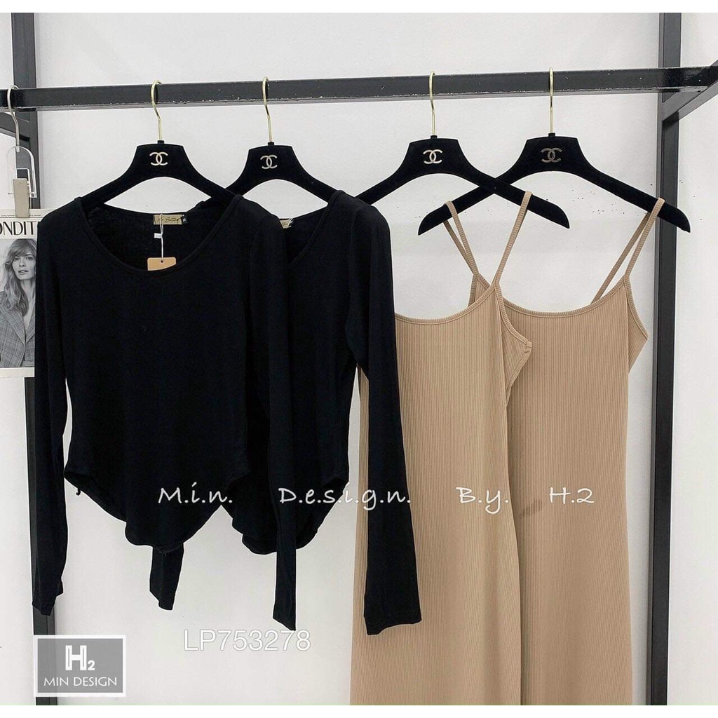 Đầm 2 dây phom dài kèm áo thun tay dài chất thun gân thích hợp mặc đi làm đi chơi phù hợp với mọi phong cách