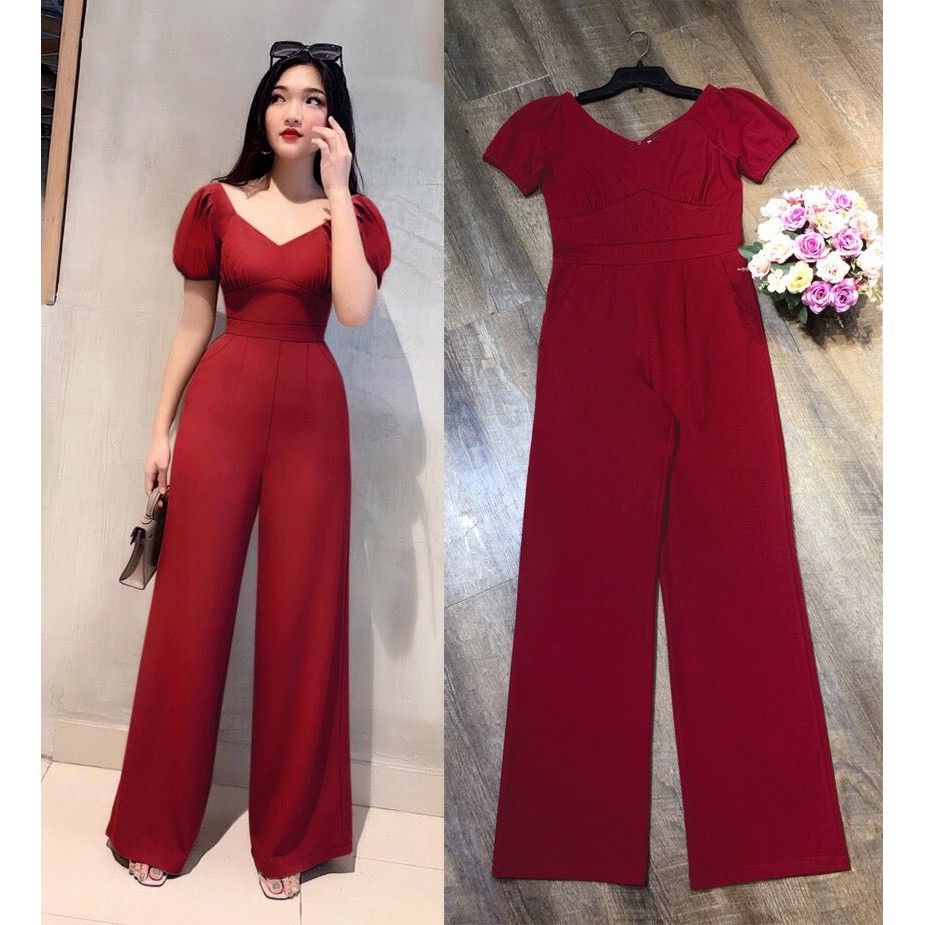 Jum Dài 🌸FREESHIP🌸 Jumpsuit dài ống suông cổ tim tay bo thun xinh xắn TJ1040