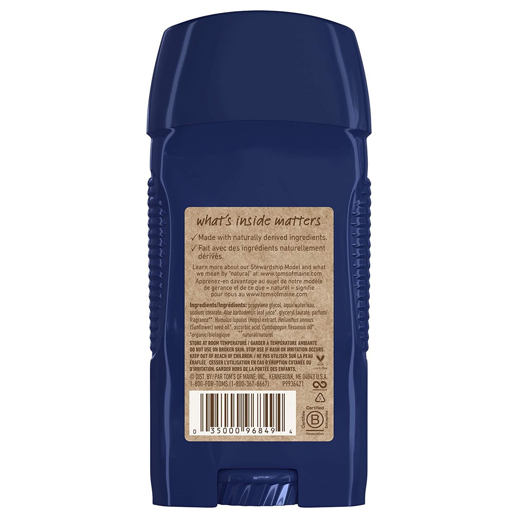 Lăn khử mùi nam dạng sáp Tom's of Maine Men's Long Lasting Wide Stick Natural Deodorant North Woods 79g (Mỹ)