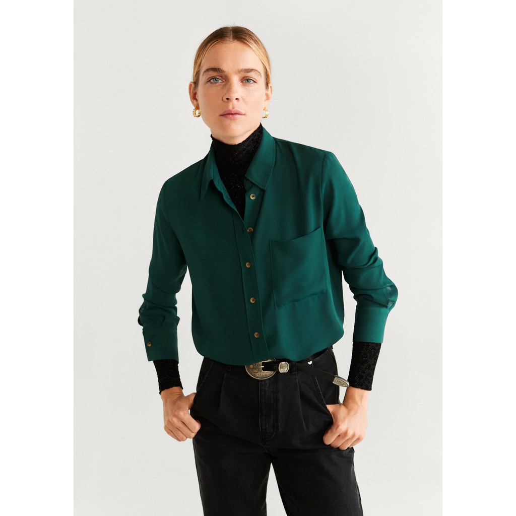 Áo Sơ Mi Nữ Mango Pocket Flowy Shirt Green