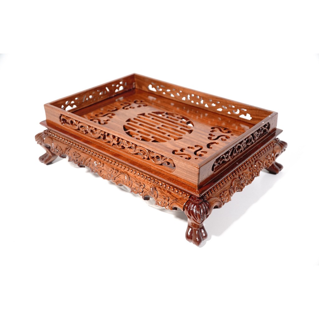 Khay trà đạo gỗ hương chân cách điệu cao có hứng trà inox điêu khắc hoa văn biểu tượng - 36x26x11cm