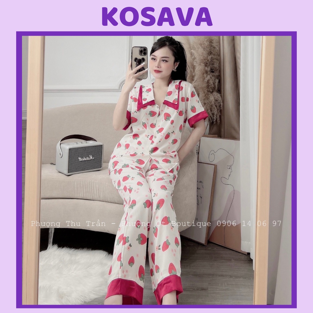 Đồ bộ nữ pijama mặc nhà cổ nhọn tay ngắn dễ thương chất liệu satin cao cấp KOSAVA